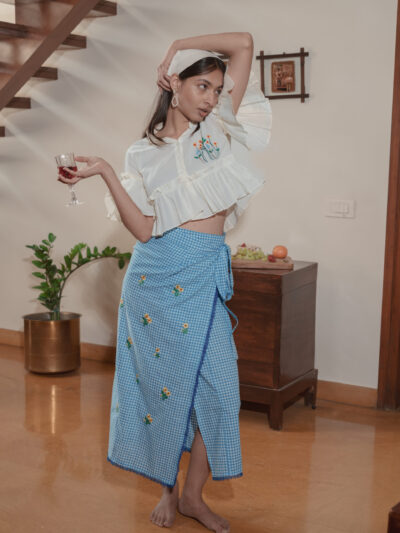Gingham wrap skirt with floral daisy embroidery